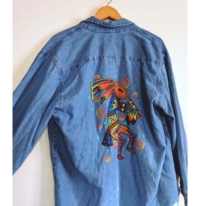 Denim button up with colorful flute player